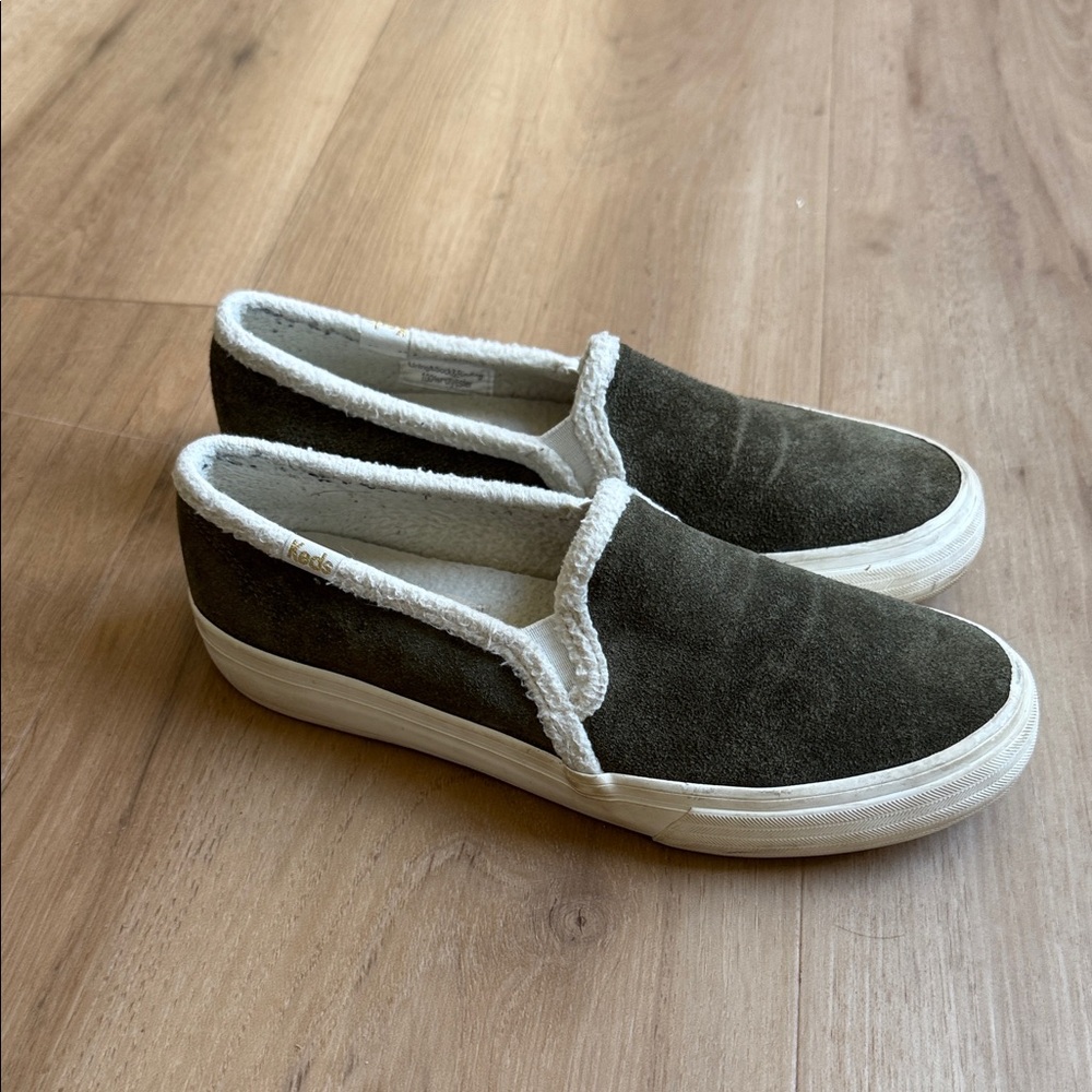 Keds Slip-On Suede Sneakers with Sherpa Trim - Olive Green